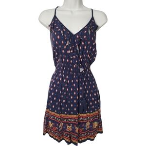 Xhilaration Womens Medium Bohemian Spaghetti Strap Ruffle Aztec Romper Blue